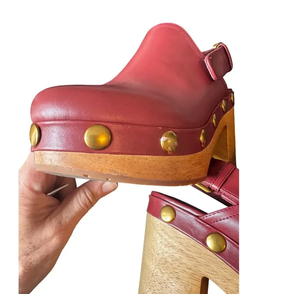 Charlotte Stone Burgundy Leather Studded Wooden Platform Clogs Slingback Heels 8